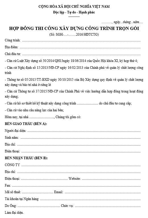 Mẫu hợp đồng thi công xây dựng trọn gói nhà ở